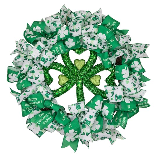 Shamrocks and Ribbons St. Patrick's Day Wreath 24" Unlit By Northlight in Green | Michaels®
